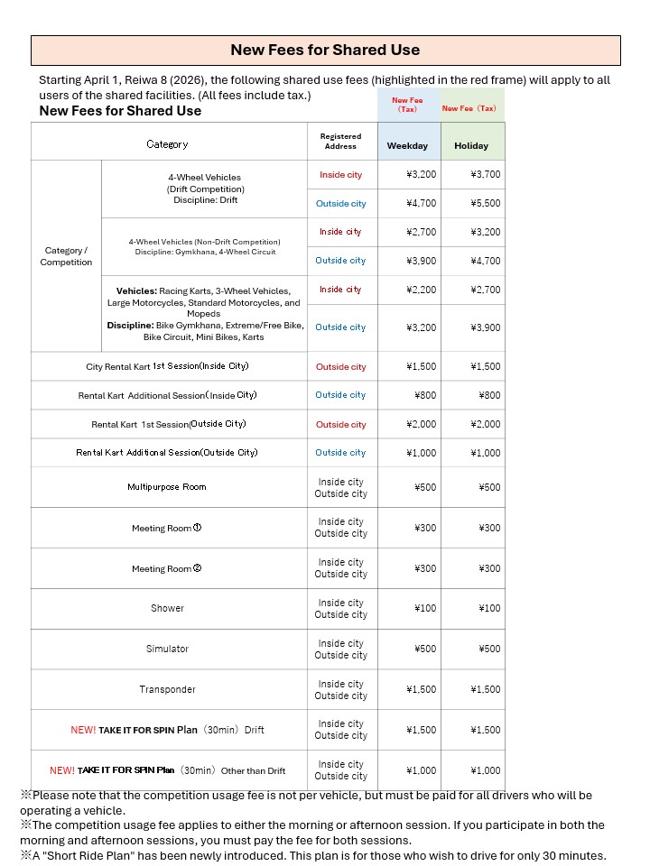 New Fees for Shared Use - Motorsports Multi-Field Okinawa